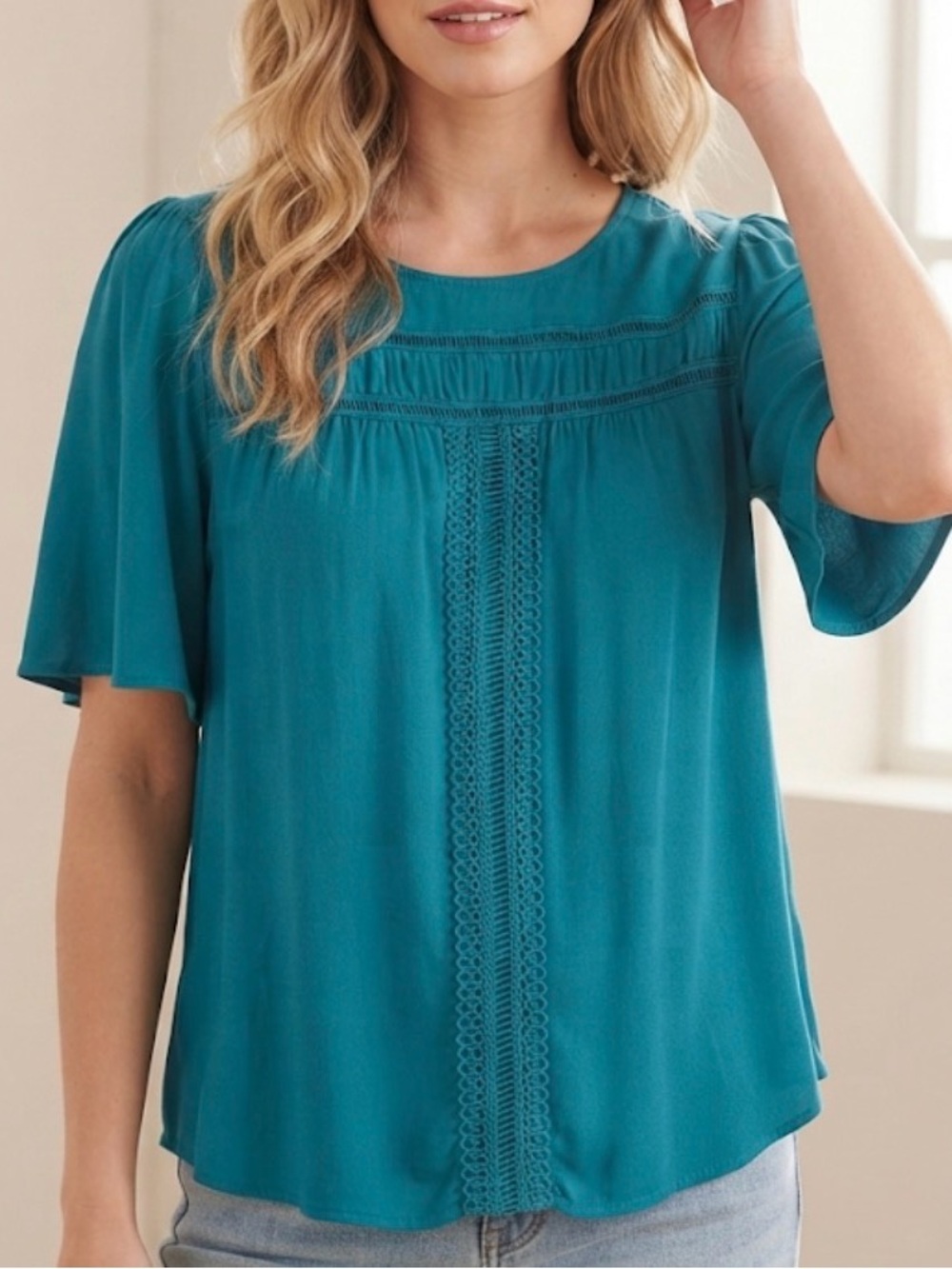 Soft Surroundings Teal Rayon Lace Trim Top Medium